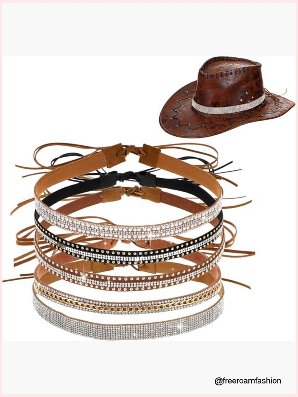 5 Pack Rhinestone Hat Bands Adjustable Leather Western Style Hats Belts